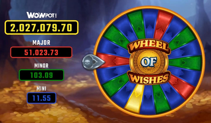 Major jackpots, in red, from the Wheel of Wishes bonus wheel
